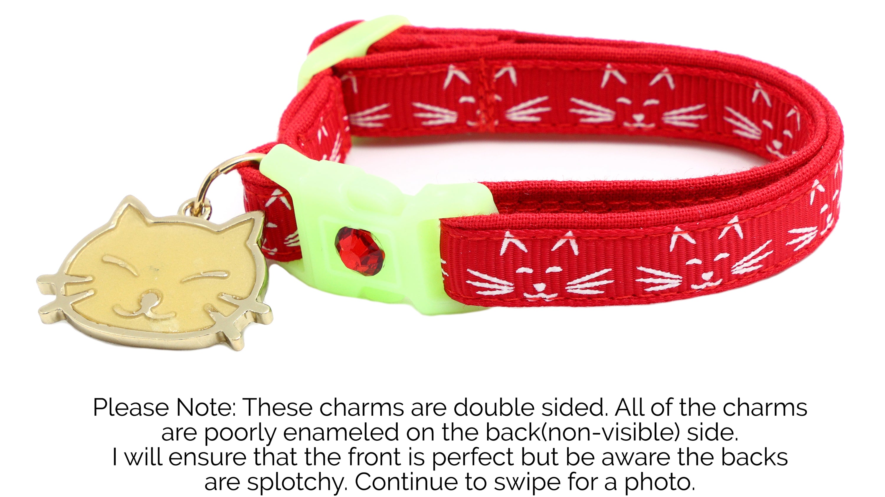 A glowing cat faces breakaway collar made of reinforced cotton, featuring a bell and charm, perfect for nighttime visibility.